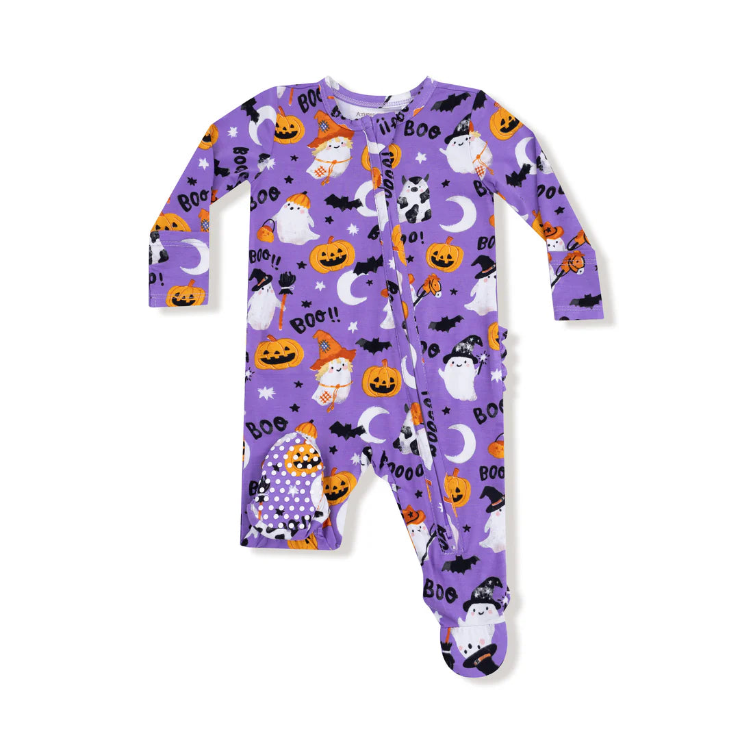 Costumed Ghosts Purple Ruffle Back Footie NB
