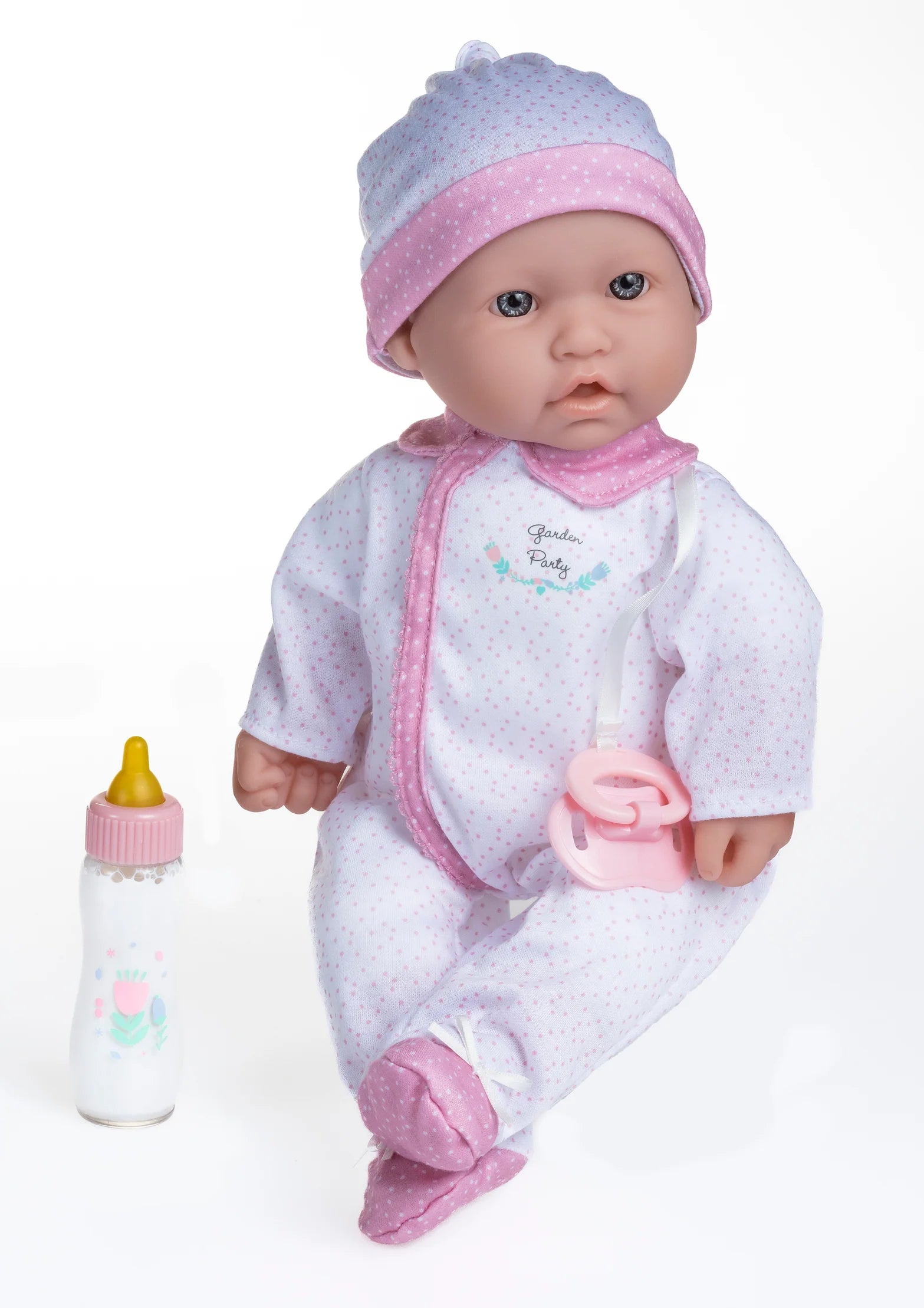 La Baby  16" Soft Body Baby Doll White/Pink Onesie w/ Pacifier & Magic Bottle