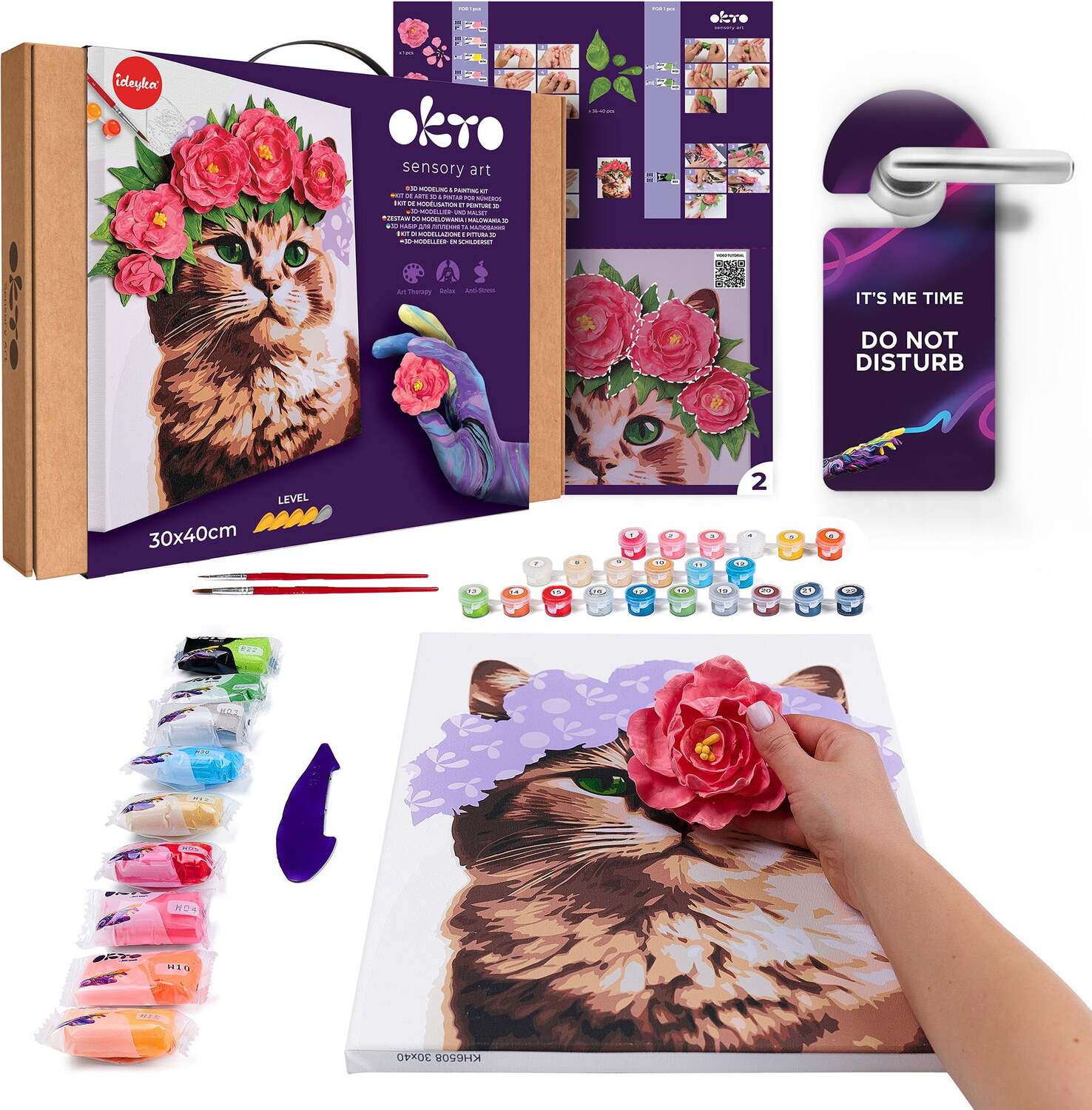 OKTO Air-Dry Clay 3D Painting Kit - Kit a Cat in a Flower Crown (11.8 x 15.7 in)