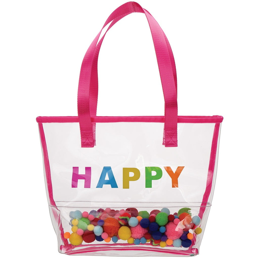 Happy Clear Tote Bag w/Pom Poms
