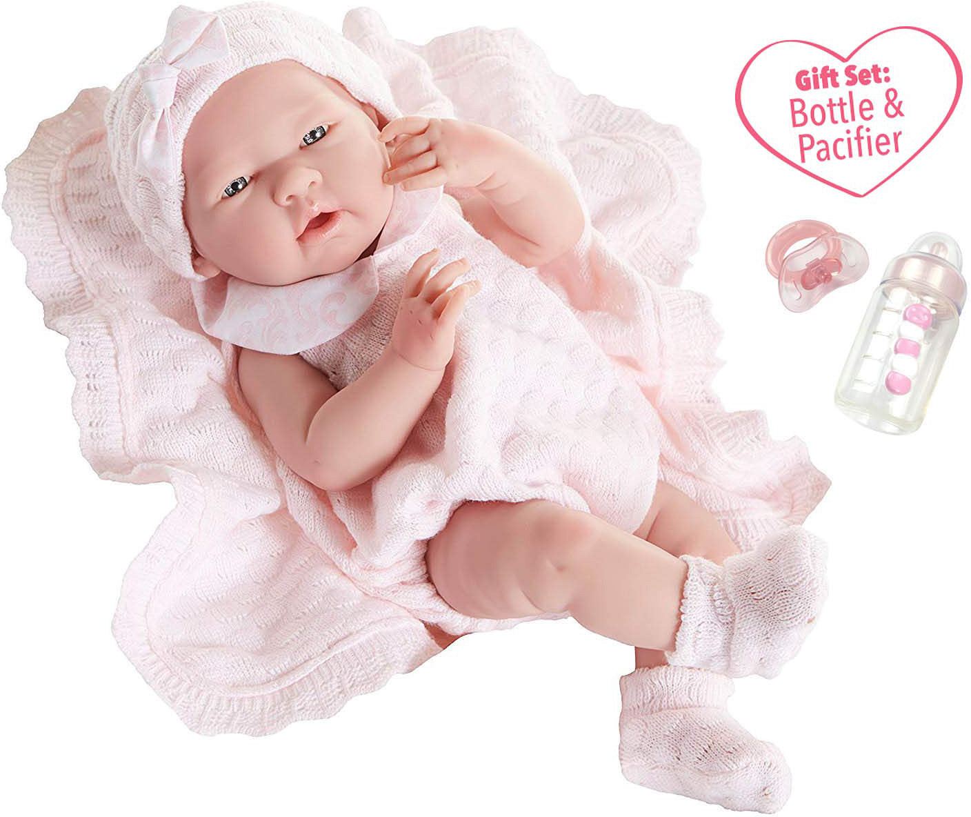 JC Toys La Newborn All Vinyl Anatomically Correct Real Girl 15" Baby Doll in Pink Knit Outfit and Accessories