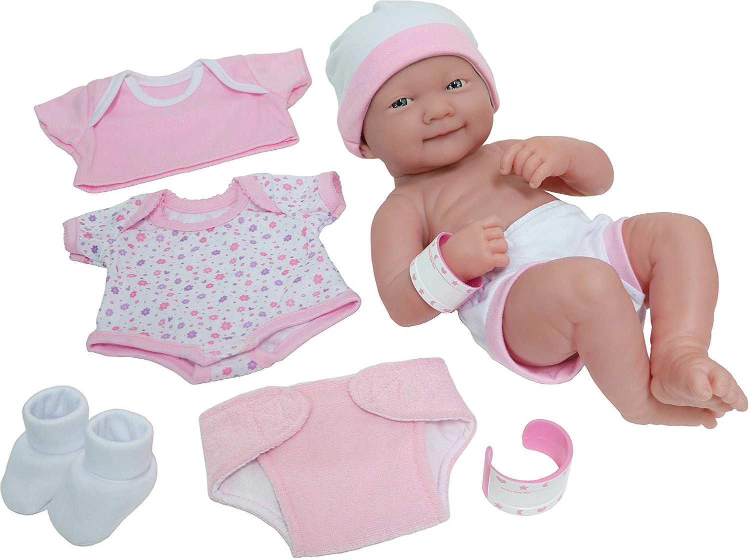 JC Toys 14" All-Vinyl La Newborn, Smiling face and Realistic Girl Baby Doll, Pink Deluxe Clothing Layette Set