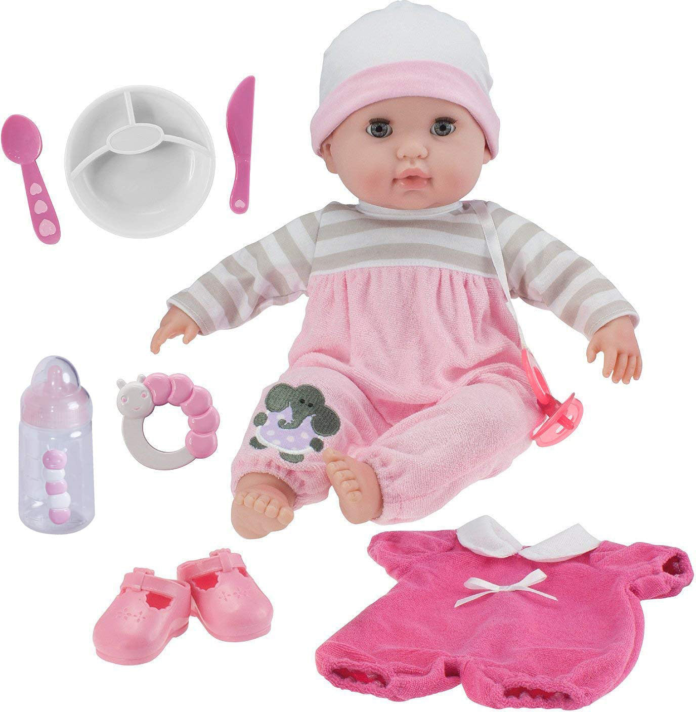 JC Toys 15" Soft Body Berenguer Boutique Baby Doll Gift Set- 10 Piece, Open/Close Eyes in Pink outfit