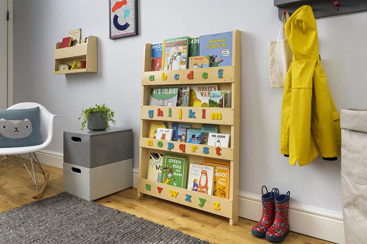 Tidy Books Bookcase - Natural Wood w/Lowercase Rainbow Letters