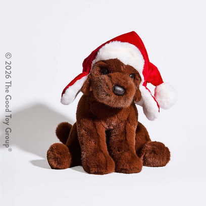 Chocolate Lab with Santa Bomber Hat