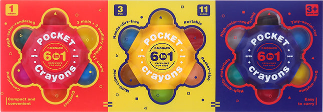 6-in-1 Pocket Crayons (3 pods, 11 colors, 1 eraser)